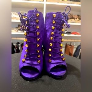 Royal Purple, Gold Studded, Giuseppe Zanotti Leather Lace-up Booties; 5” Heel
